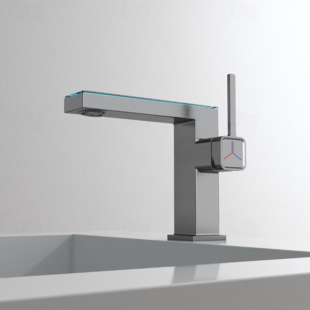 LED Temperature Display Waterfall Bathroom Faucet, Single-Hole Single-Handle Brass Faucet, Silver / Gold / Gray / White / Black / Multi