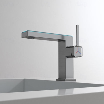 LED Temperature Display Waterfall Bathroom Faucet, Single-Hole Single-Handle Brass Faucet, Silver / Gold / Gray / White / Black / Multi