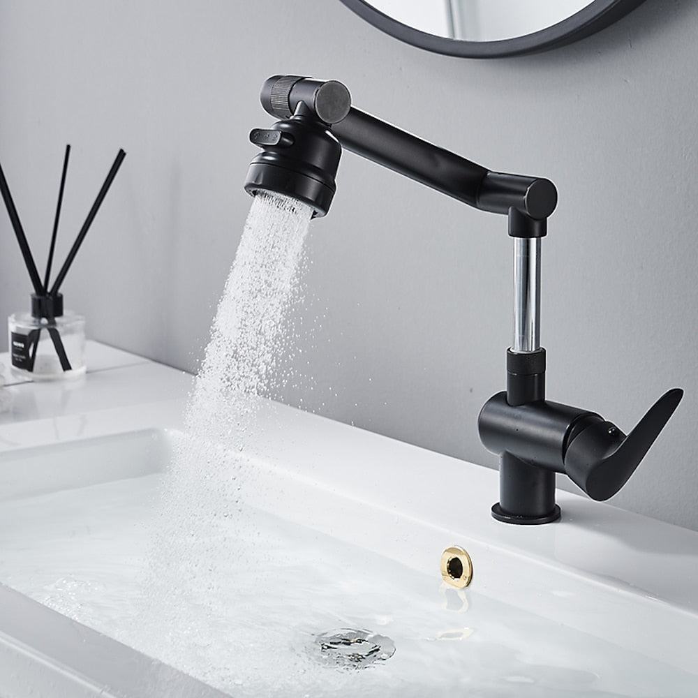 Height-Adjustable Modern Bathroom Sink Faucet, Single-Hole Swivel Spout Faucet, Matte Black / Chrome