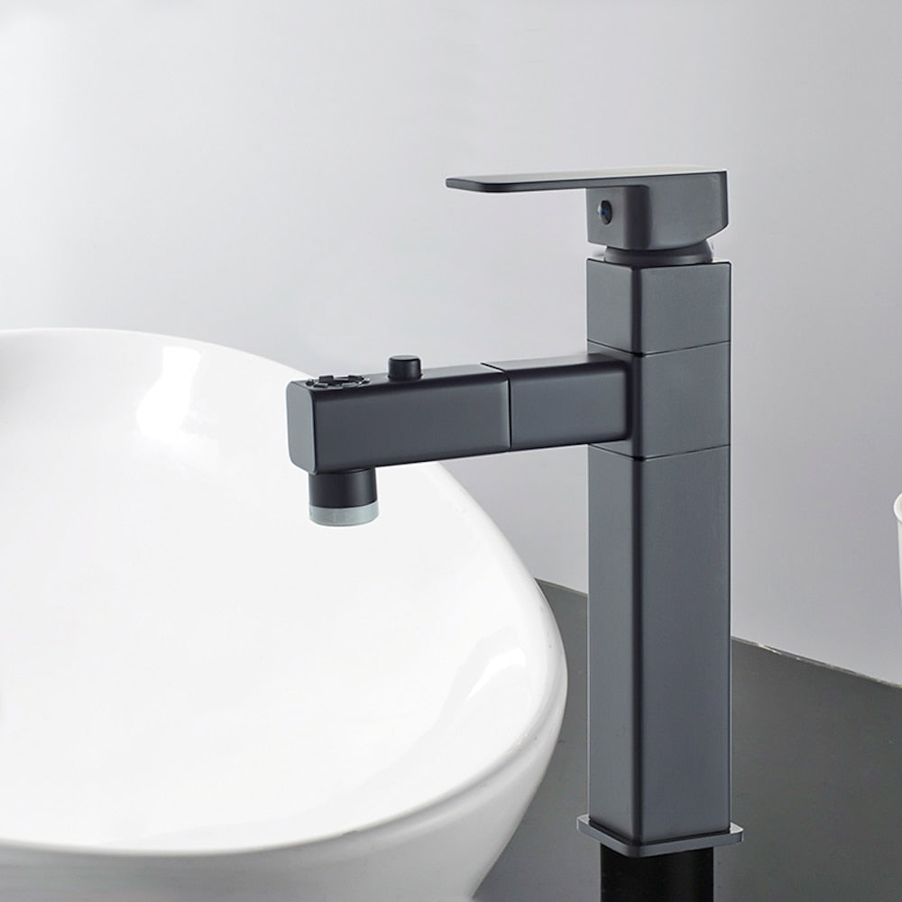 Modern Pull-Out Bathroom Faucet, Single-Hole Swivel Spout Faucet, Matte Black / Chrome / Brushed Nickel / Gunmetal / Matte White