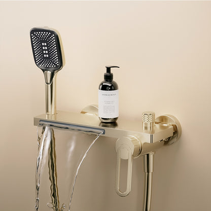 Modern Waterfall Wall-Mount Bathtub Faucet, Single-Handle Brass Tub Faucet with Handheld Shower, Brushed Gold / Chrome / Gunmetal / Matte Black / Matte White / Polished Gold