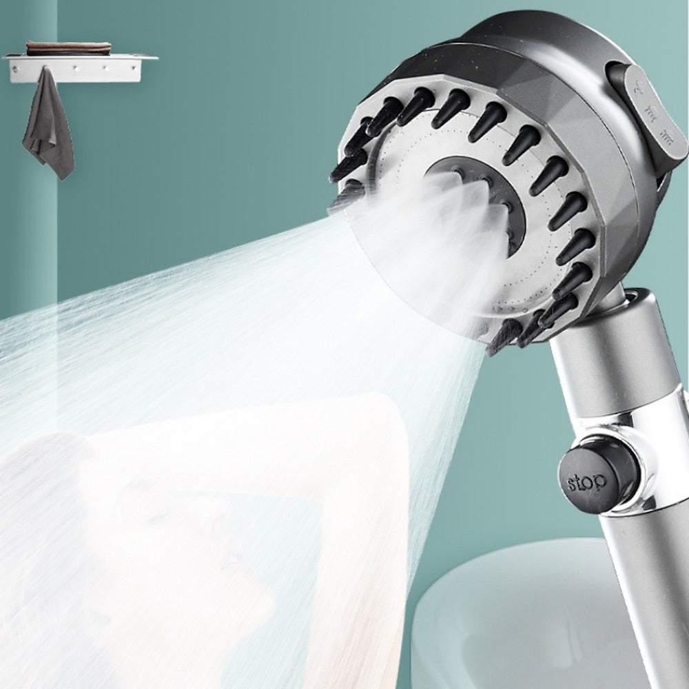 High Pressure 3-Mode Handheld Shower Head, Massage Spray Nozzle with Stop Button, Chrome / Matte Black