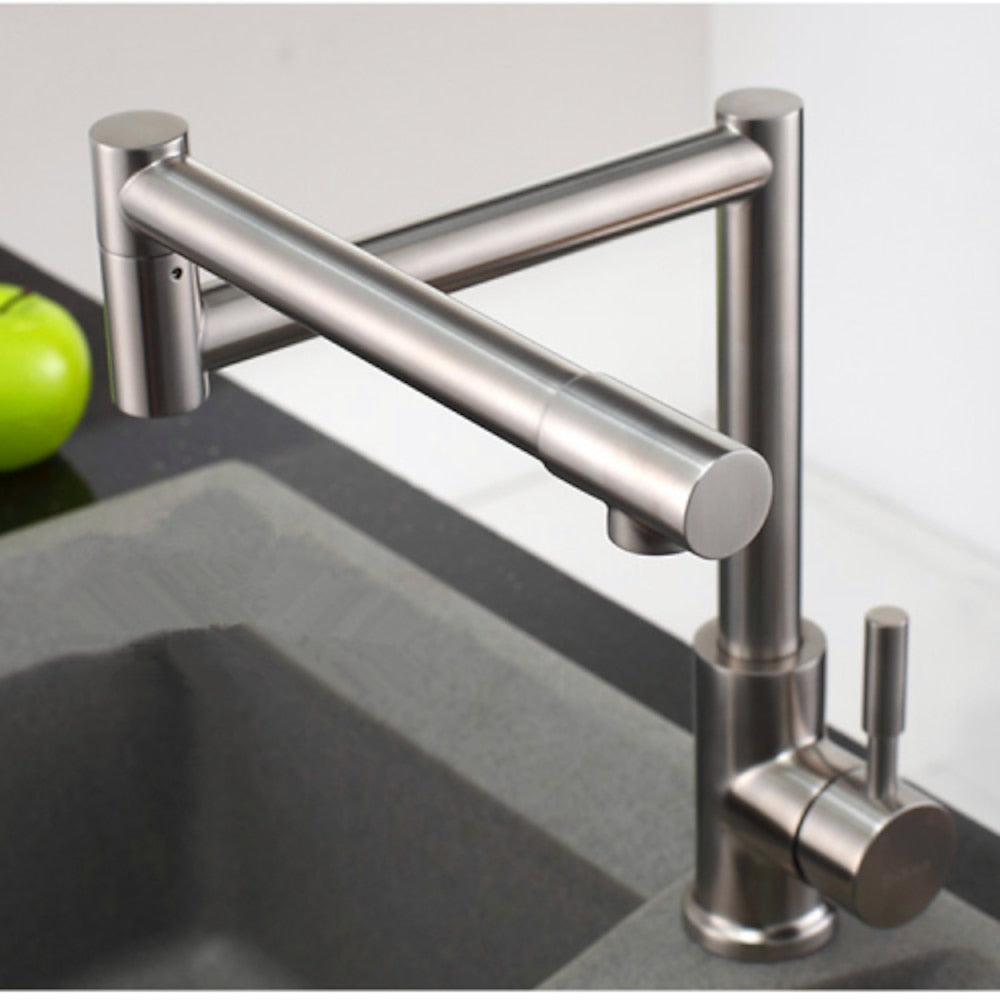 Folding Double-Jointed Brushed Nickel Kitchen Faucet, Single-Handle Stainless Steel Deck Mount Faucet
