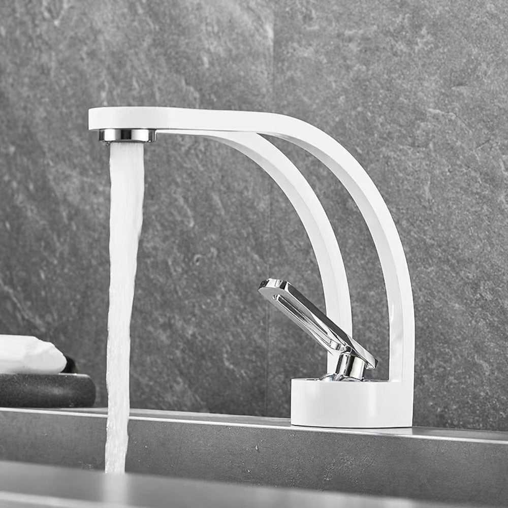 Modern Single-Hole Bathroom Faucet, Single-Handle High Arc Faucet, Matte Black / Chrome / Brushed Gold / Matte White / Gunmetal / Two-Tone