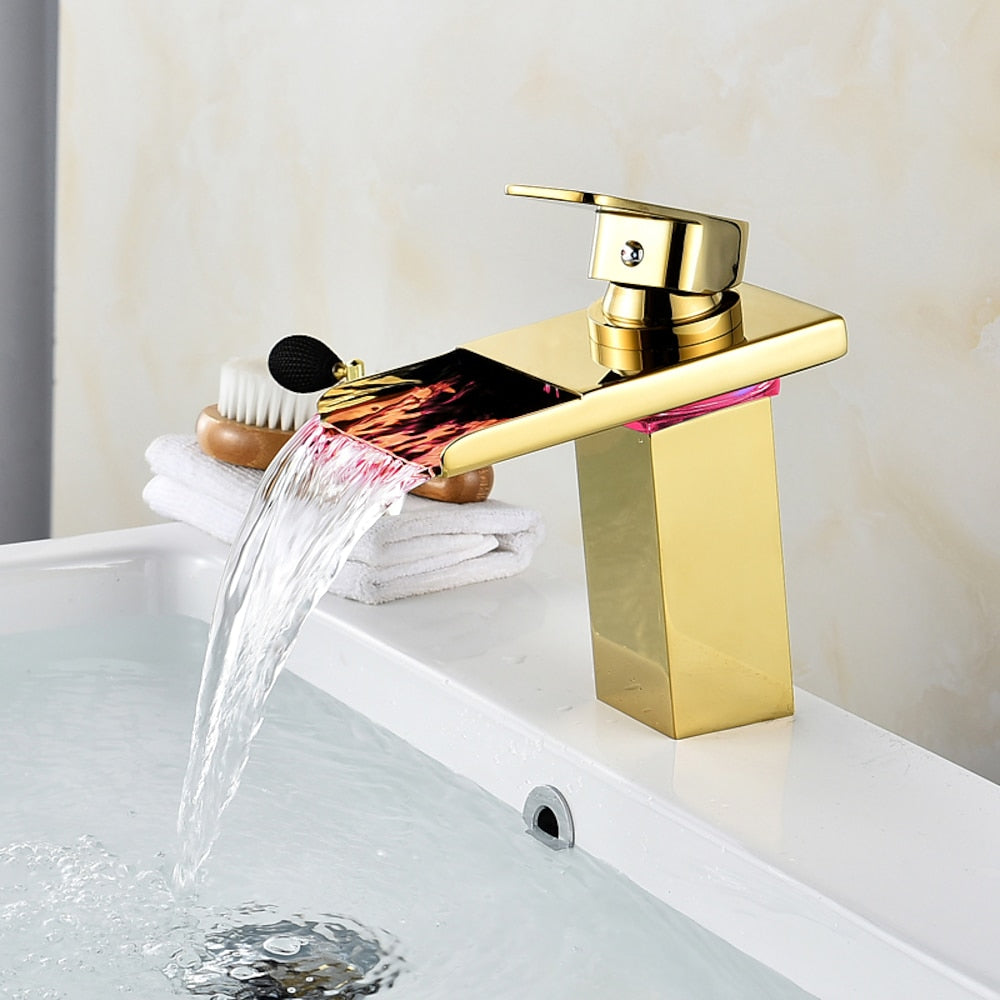 LED Waterfall Single-Hole Bathroom Faucet, Modern Single-Handle Brass Faucet, Chrome / Matte Black / Rose Gold / Polished Gold / Brushed Nickel / Brushed Gold / Matte White