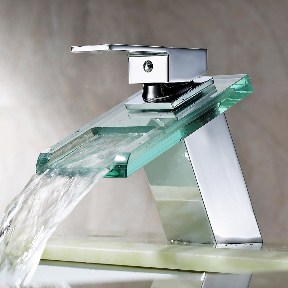 Chrome Contemporary Bathroom Faucet, Single-Handle Glass Waterfall Spout Faucet