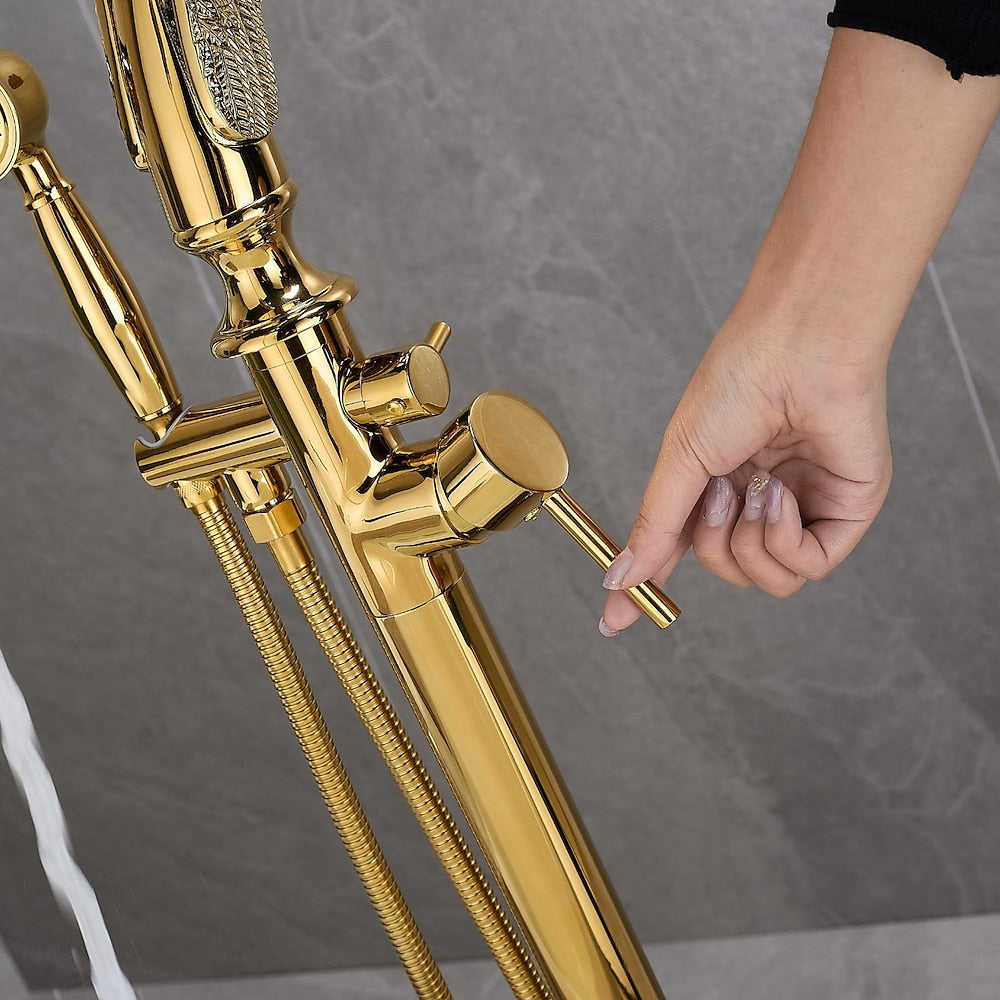 Swan Design Freestanding Tub Filler Faucet, Single-Handle Swivel Spout Tub Faucet with Handheld Shower, Polished Gold / Matte Black