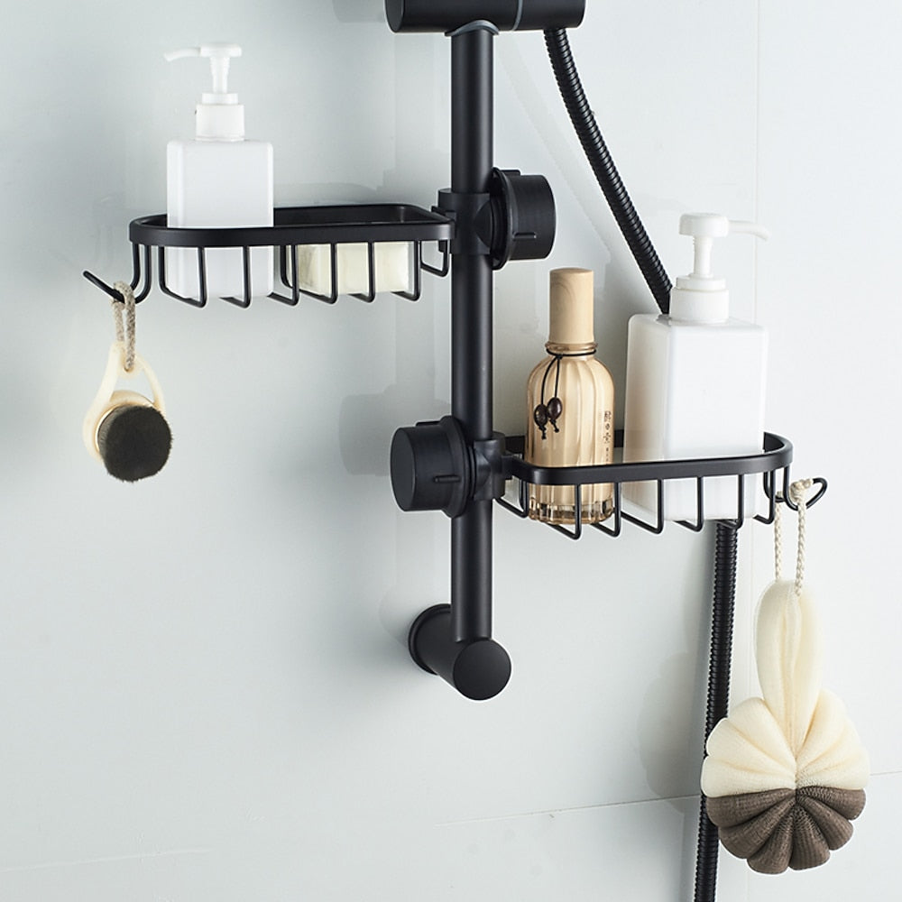 Modern Aluminum Faucet Storage Rack, Clamp-On Sink Caddy Organizer with Integrated Hooks, Black / Silver
