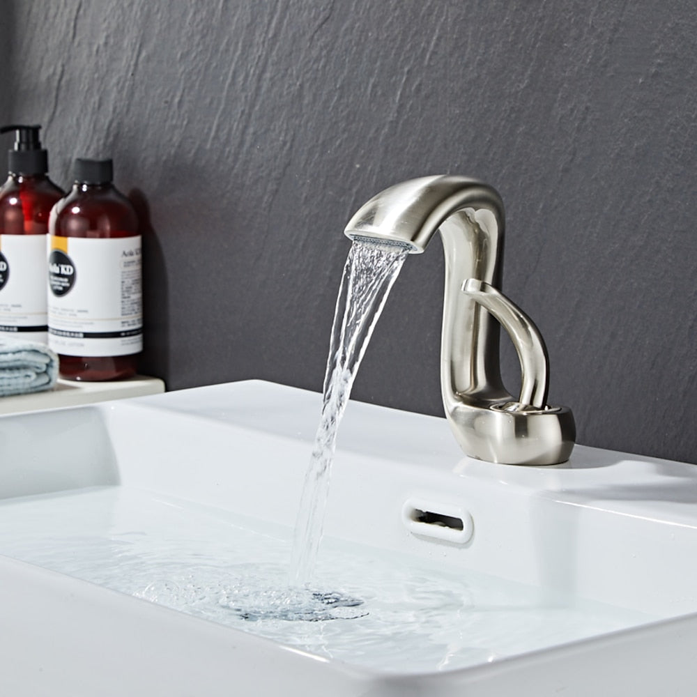 Modern Waterfall Single-Hole Bathroom Faucet, Single-Handle Brass Body Faucet, Matte Black / Brushed Nickel / Chrome / Matte White