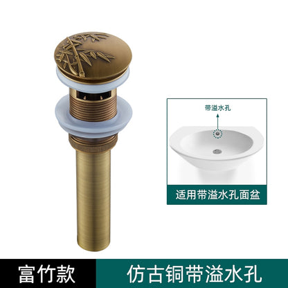 Antique Brass Engraved Bathroom Sink Pop-Up Drain, Solid Brass Vanity Basin Drain Assembly, With / Without Overflow