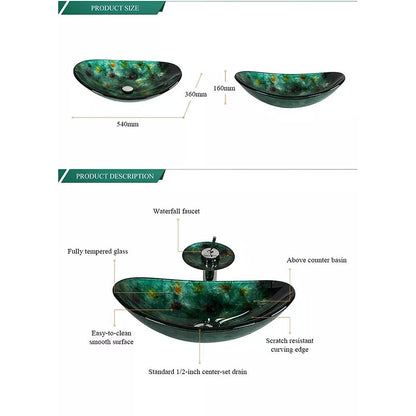 Green Art Tempered Glass Waterfall Vessel Sink Faucet Set, Single-Handle Chrome Deck-Mount Faucet with Pop-Up Drain