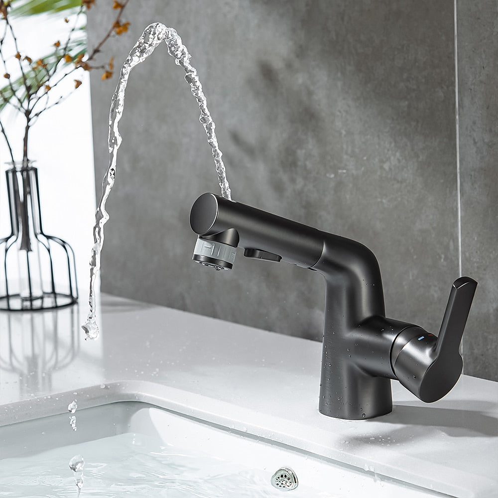 Modern Pull-Out Bathroom Sink Faucet, Single-Handle Swivel Spout Faucet, Brushed Gold / Chrome / Matte Black / Gunmetal
