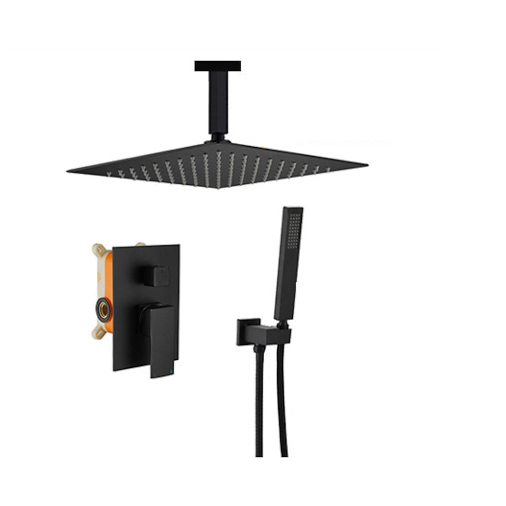 Matte Black Rainfall Shower System, Single-Handle Wall-Mount Faucet Set with Handheld Shower