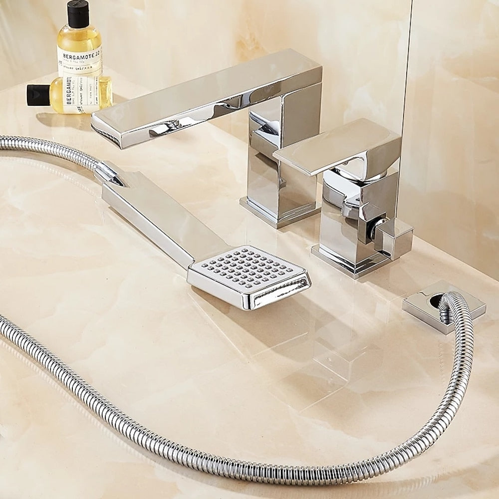 Chrome Modern Waterfall Roman Tub Faucet, Single-Handle 3-Hole Deck-Mount Faucet with Handheld Shower