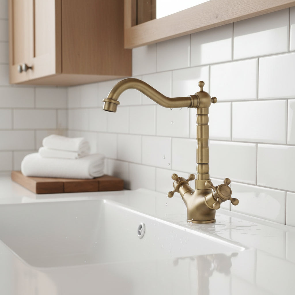 Vintage-style brass faucet on a white background