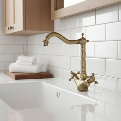 Vintage-style brass faucet on a white background