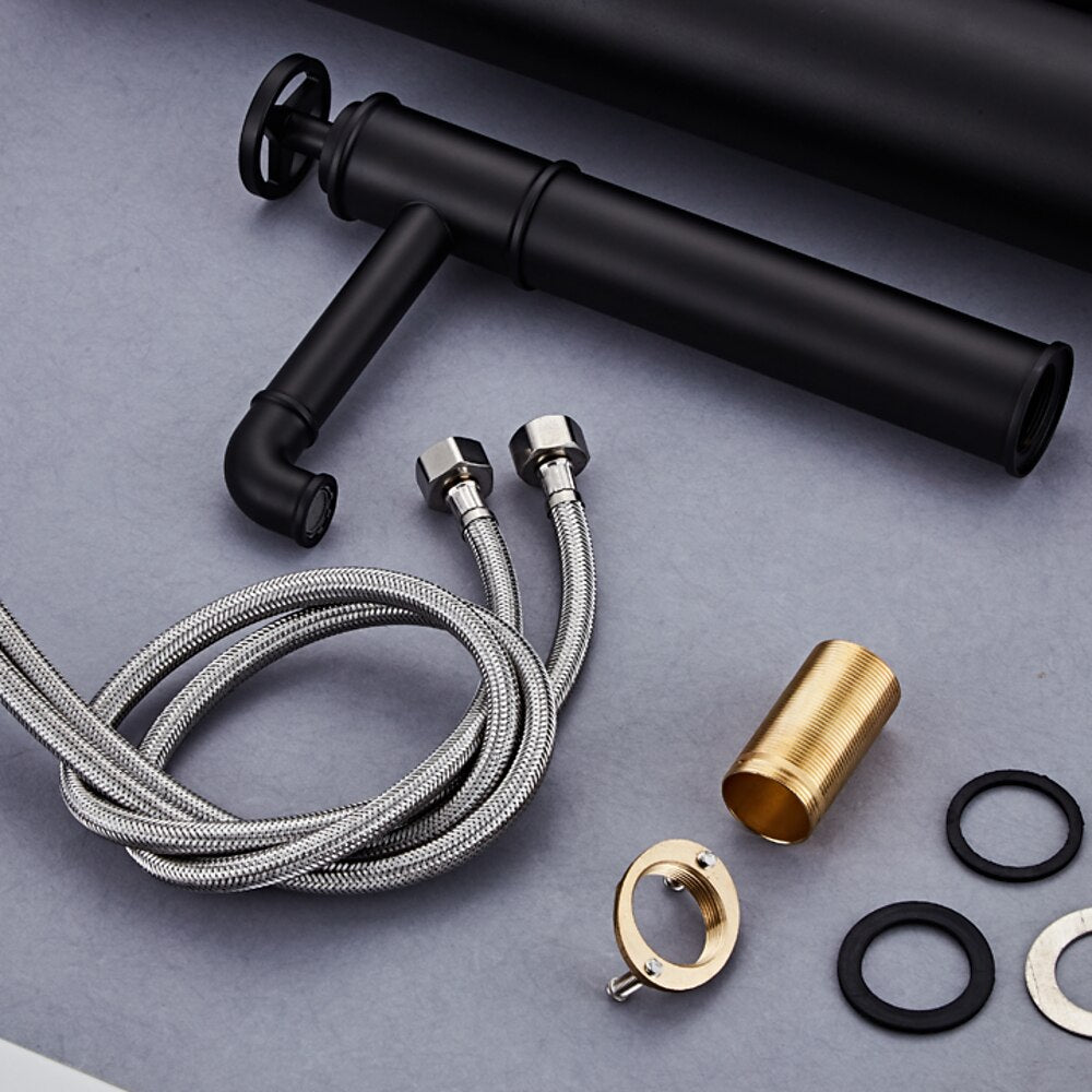 Matte Black Industrial Single-Hole Vessel Sink Faucet, Single Wheel Handle Brass Bathroom Faucet