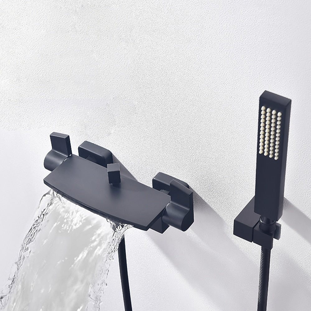 Matte Black Waterfall Wall-Mount Tub Faucet, Double-Handle Brass Bathtub Faucet with Handheld Shower