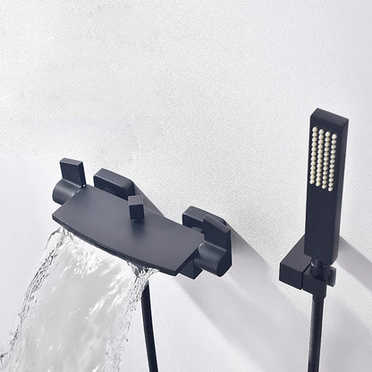 Matte Black Waterfall Wall-Mount Tub Faucet, Double-Handle Brass Bathtub Faucet with Handheld Shower