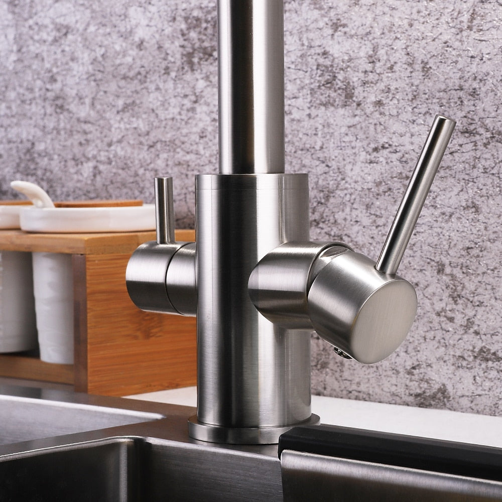 Foldable Dual-Joint Pot Filler Kitchen Faucet, Deck-Mount Single-Hole Two-Handle Faucet, Matte Black / Brushed Nickel