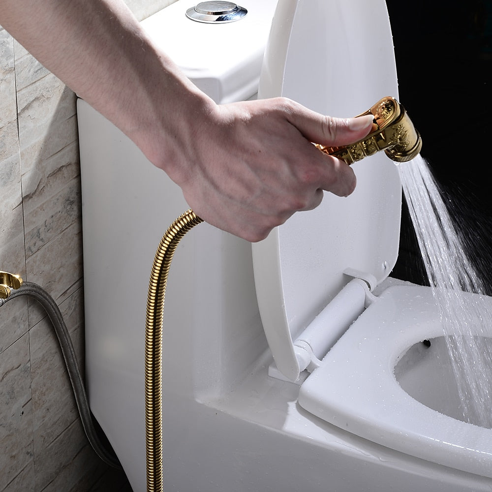 Polished Gold Antique Handheld Bidet Sprayer, Vintage Brass Toilet Shattaf Set with Hose / Wall Bracket
