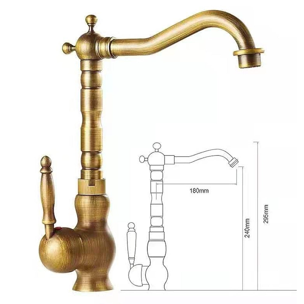 Antique Brass Traditional Single-Hole Kitchen Faucet, Single-Handle Swivel Spout Faucet