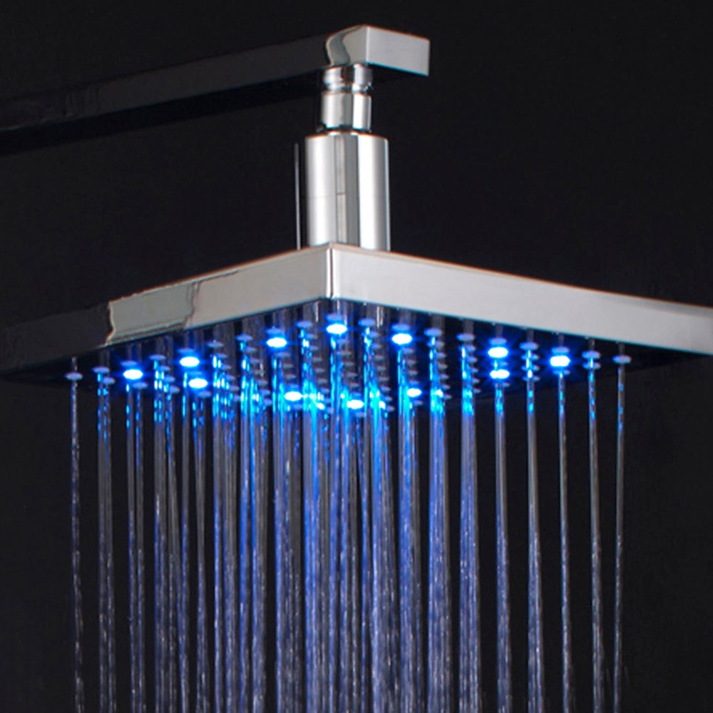 Chrome LED Rainfall Shower Head, Square Temperature-Controlled Top Spray Shower Head