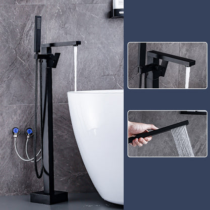 Modern Freestanding Floor-Mount Tub Filler Faucet, Single-Handle Brass Faucet with Handheld Shower, Matte Black / Chrome