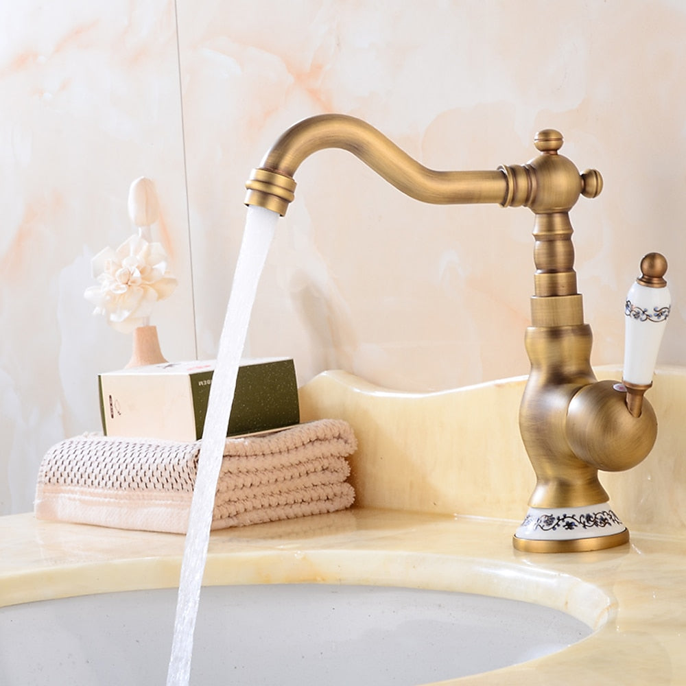 360-Degree Swivel Spout Retro Bathroom Faucet, Single-Hole Antique Brass Sink Faucet with Ceramic Handle