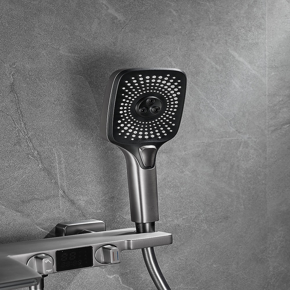 LED Waterfall Wall-Mount Tub Filler Faucet, Dual-Handle Bathroom Tub Faucet with Handheld Shower, Matte Black / Gunmetal / Matte White