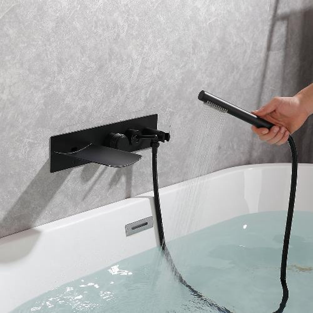 Waterfall Wall-Mount Tub Filler Faucet, Brass Bathtub Faucet with Handheld Shower, Brushed Gold / Matte Black