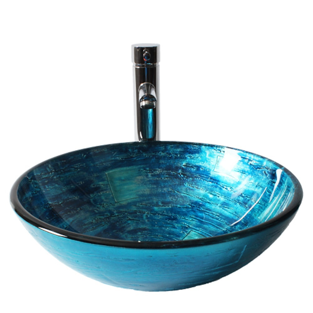 Contemporary Blue Tempered Glass Vessel Sink, Faucet Combo, Round Single-Hole Bathroom Vanity Basin with Chrome Drain Assembly
