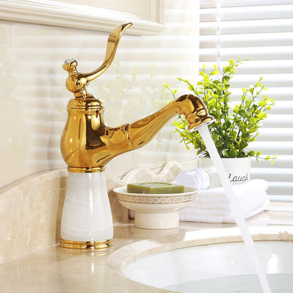 Vintage Traditional Single-Hole Bathroom Faucet, Single-Handle Brass Faucet with Marble Column Base, Gold / White / Multi