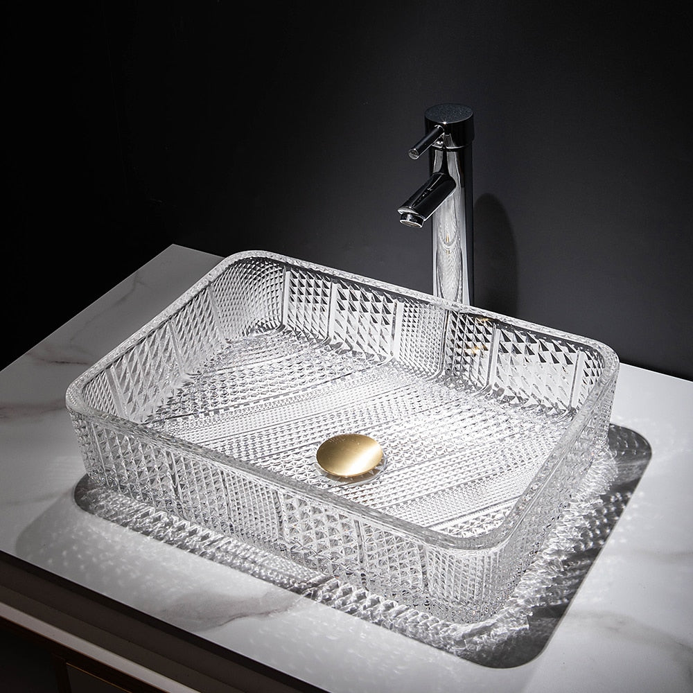 Transparent Rectangular Glass Vessel Sink, Single-Handle Chrome Faucet / Gold Pop-Up Drain Vessel Sink Set