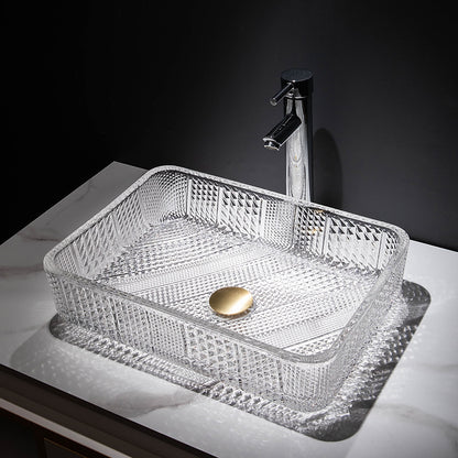 Transparent Rectangular Glass Vessel Sink, Single-Handle Chrome Faucet / Gold Pop-Up Drain Vessel Sink Set