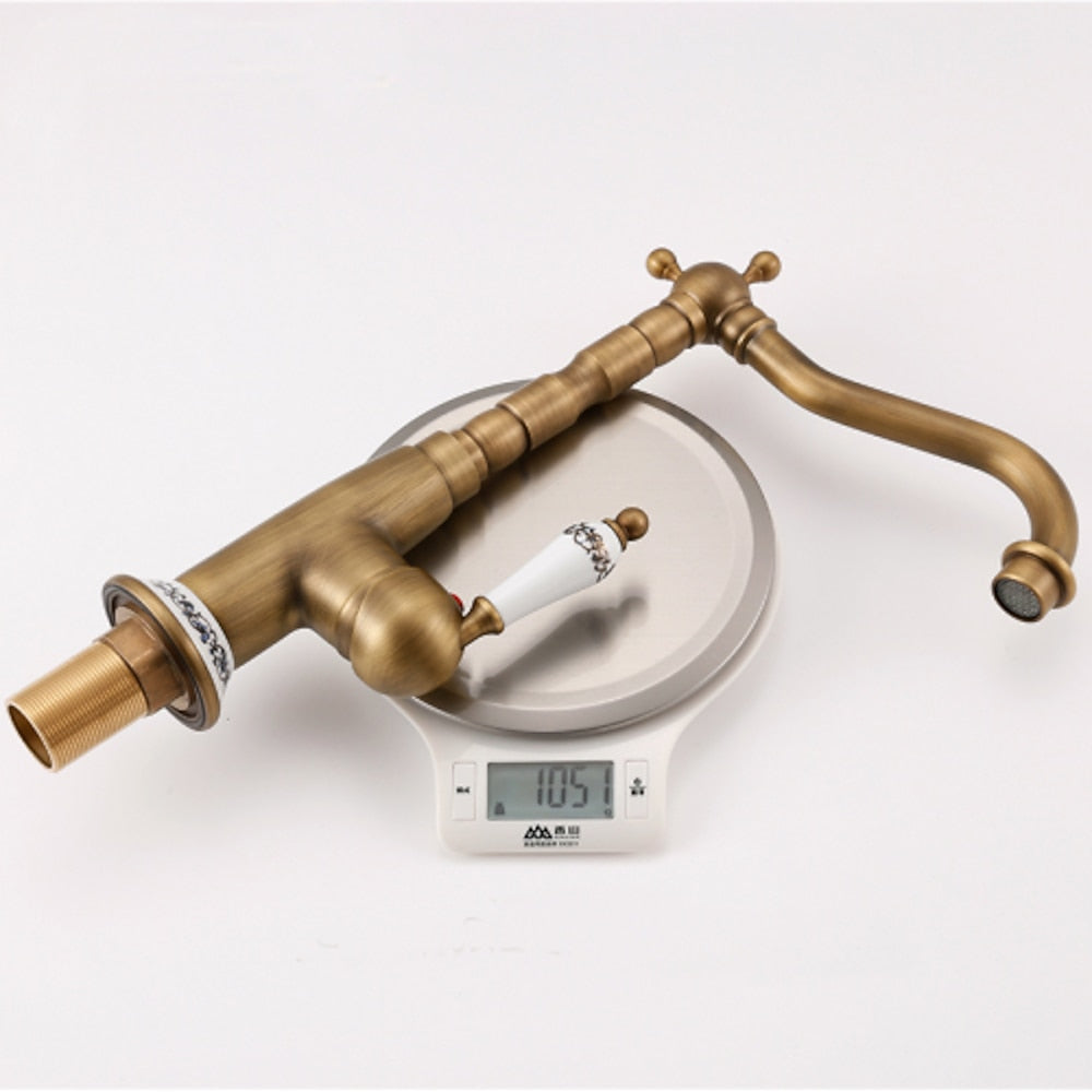 Antique Brass Vintage Single-Hole Bathroom Faucet, High Arc Swivel Spout Vessel Sink Faucet with Ceramic Handle