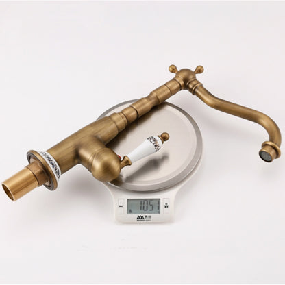 Antique Brass Vintage Single-Hole Bathroom Faucet, High Arc Swivel Spout Vessel Sink Faucet with Ceramic Handle