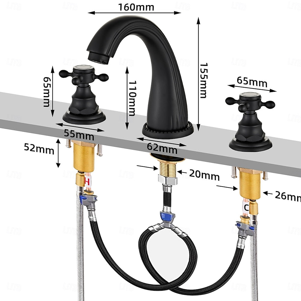 High Arc Brass Bathroom Sink Faucet, Double Cross Handle Widespread Faucet, Matte Black / Brushed Gold / Antique Brass