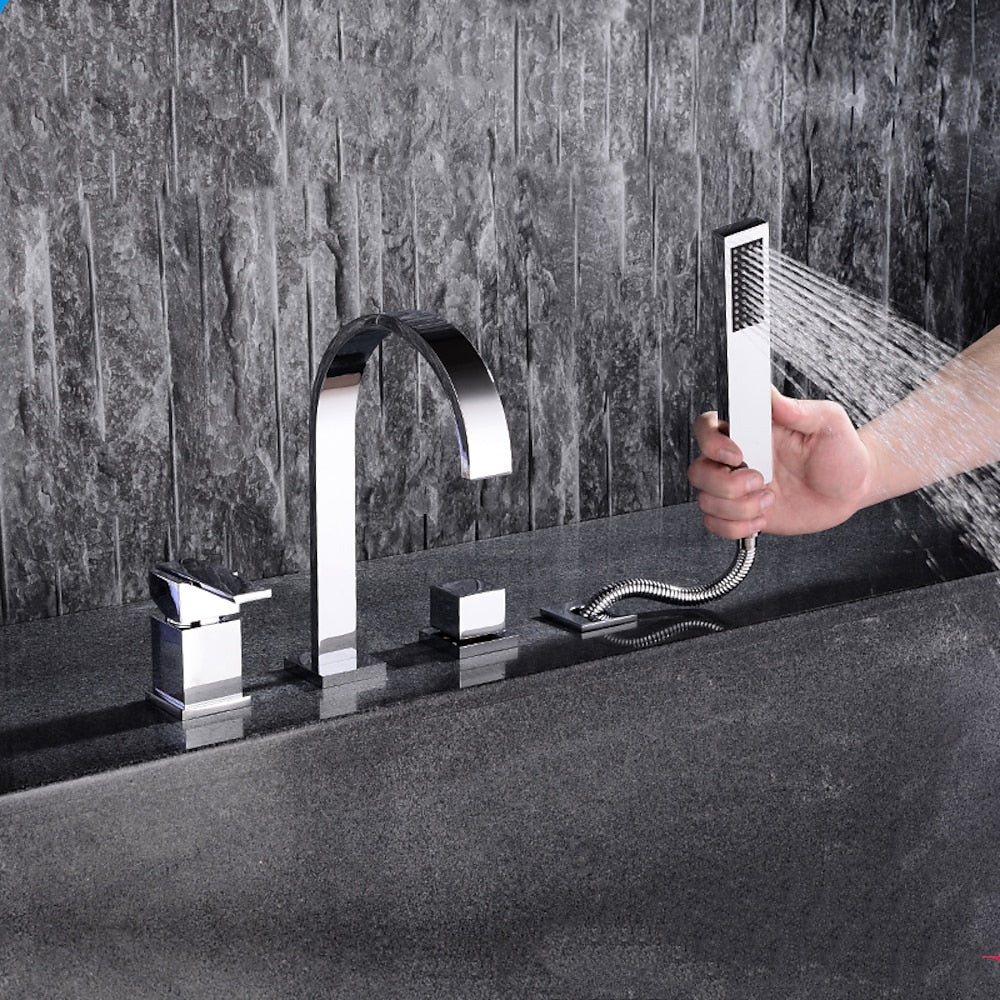 Waterfall Roman Tub Faucet, Deck-Mounted Single-Handle 4-Hole Faucet with Handheld Shower, Chrome / Matte Black