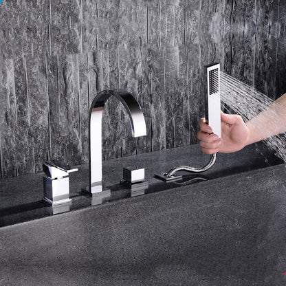 Waterfall Roman Tub Faucet, Deck-Mounted Single-Handle 4-Hole Faucet with Handheld Shower, Chrome / Matte Black