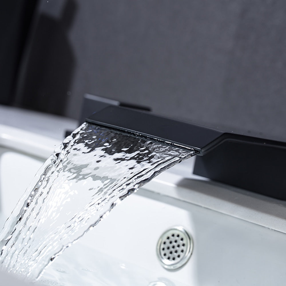 Waterfall Bathroom Sink Faucet, Modern 3-Hole Widespread Faucet with Crystal Knob Handles, Matte Black / Chrome