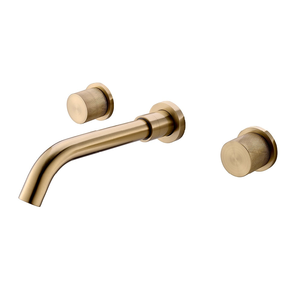 Brushed Gold Wall-Mount Brass Bathroom Faucet, Double Knurled Knob Handle Faucet