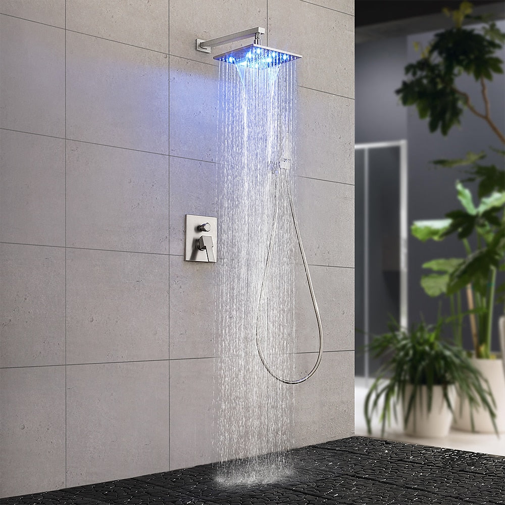 LED Rainfall Shower Faucet System, Wall-Mount Single-Handle Shower Faucet with Handheld Shower, Matte Black / Chrome