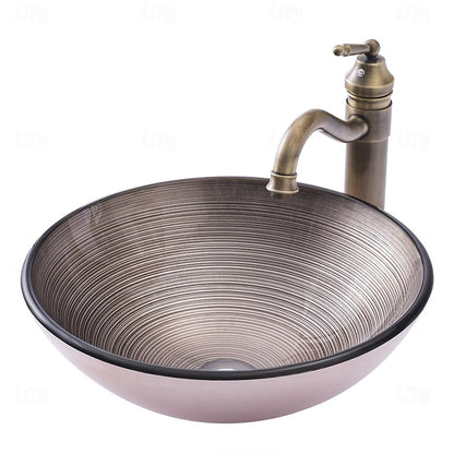 Antique Brass Single-Hole Vessel Faucet, Circular Stripe Tempered Glass Vessel Sink Combo with Pop-Up Drain / Mounting Ring