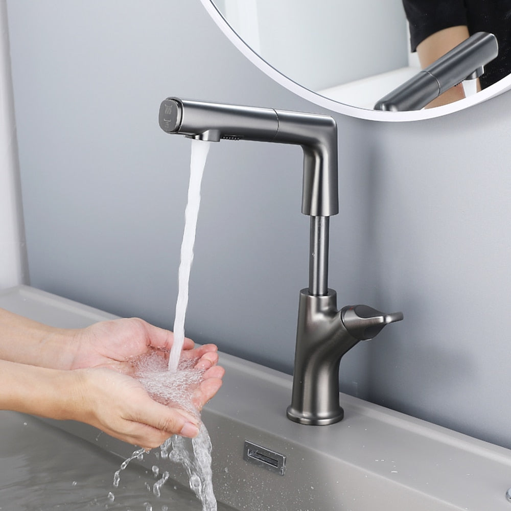 Pull-Out Spout Modern Bathroom Faucet, Single-Handle Single-Hole Swivel Faucet, Matte White / Chrome / Gunmetal