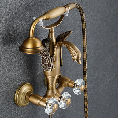 Swan Spout Wall-Mount Bathtub Faucet, Dual-Handle Tub Filler with Handheld Shower, Antique Brass / Matte Black / Chrome / Polished Gold