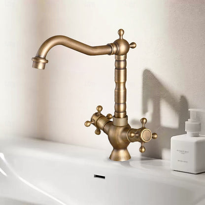 Vintage Rotatable Spout Bathroom Faucet, Single-Hole Dual-Handle Faucet, Antique Brass / Gold