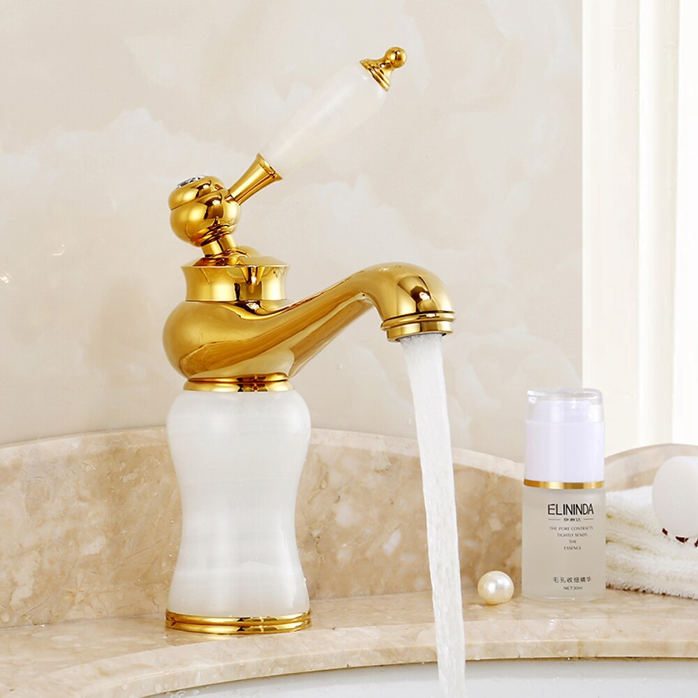 Jade Insert Bathroom Faucet, Modern Single-Hole Single-Handle Brass Faucet, Gold / White / Black