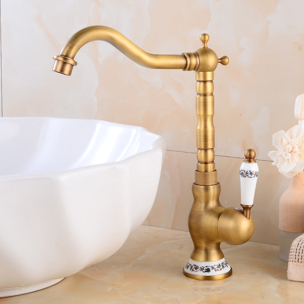 Vintage Ceramic Single-Handle Vessel Faucet, High Arc Swivel Bathroom Faucet, Antique Brass / Chrome / Polished Gold