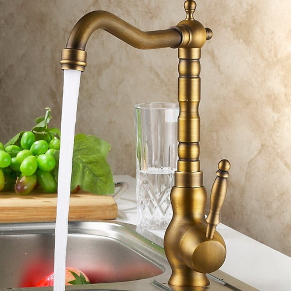 Antique Brass Traditional Single-Hole Kitchen Faucet, Single-Handle Swivel Spout Faucet